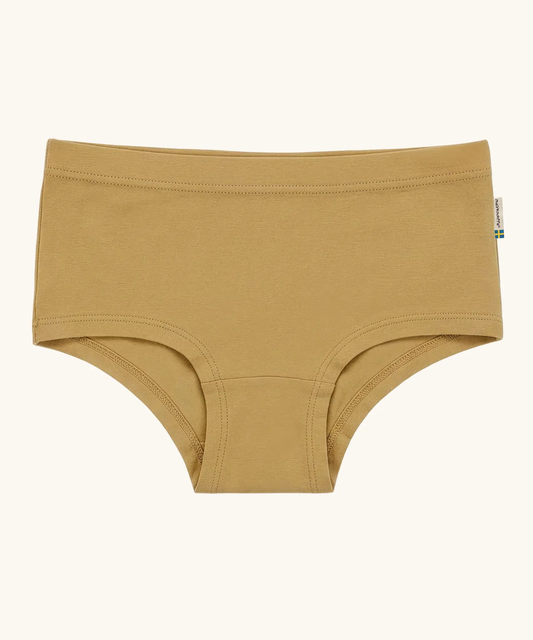 Maxomorra kids GOTS organic cotton brief hipster pants in mustard yellow. Features an elasticated waist band
