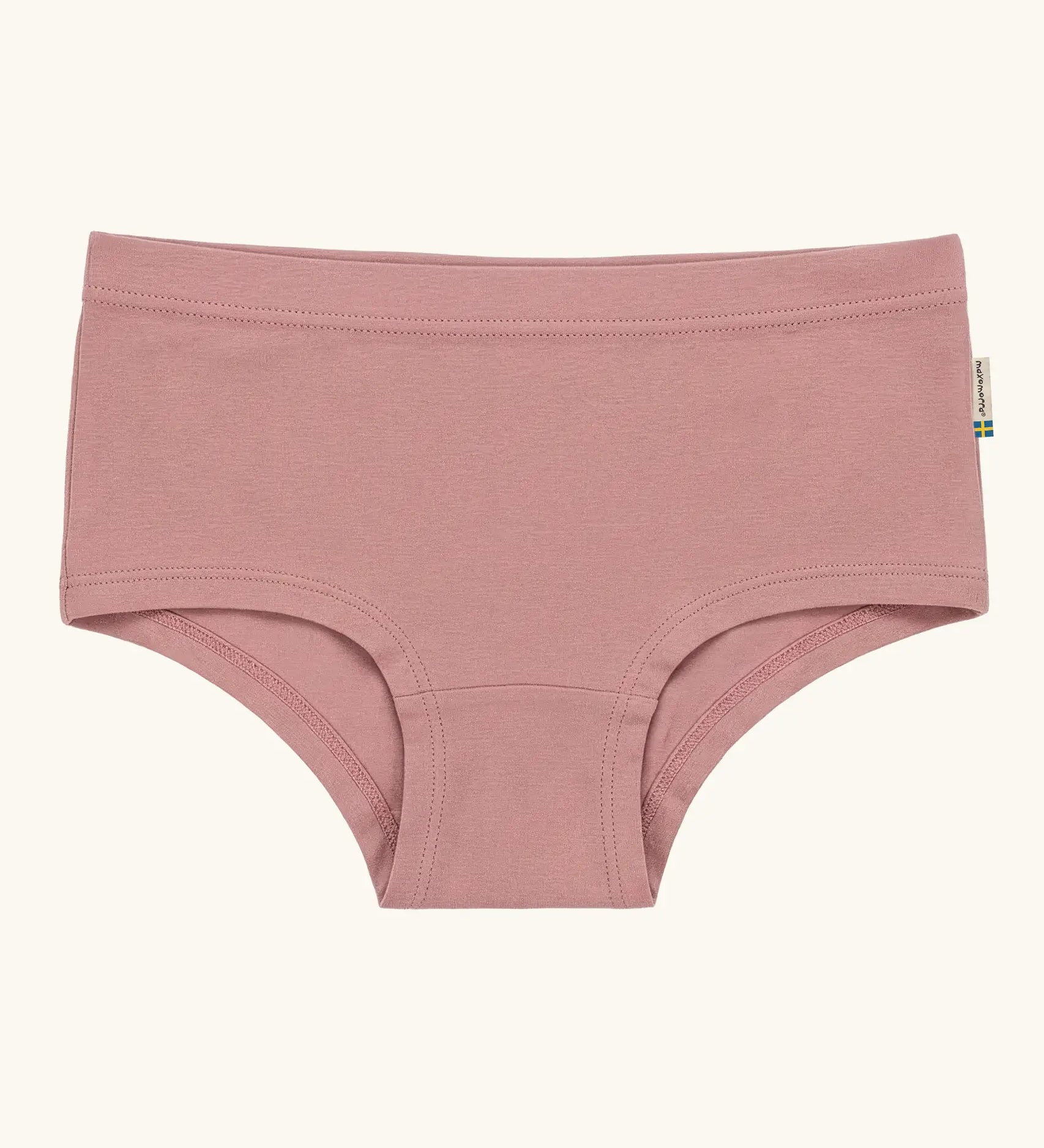 Maxomorra kids GOTS organic cotton brief hipster pants in solid pink. Features an elasticated waist band