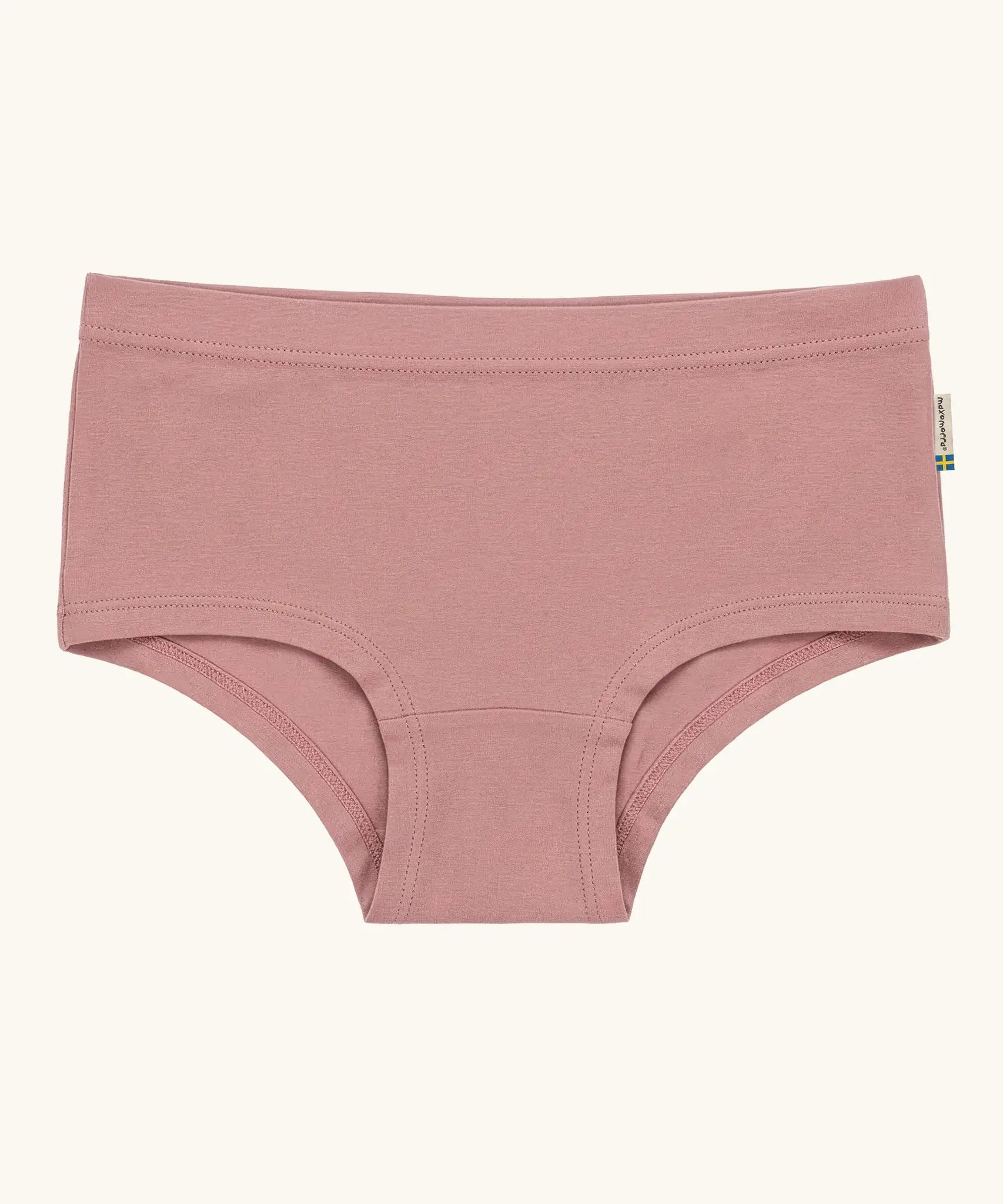 Maxomorra kids GOTS organic cotton brief hipster pants in solid pink. Features an elasticated waist band