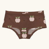 Maxomorra GOTS organic cotton women's brief hipster pants in brown with a repeating pink cartoon style apple print 