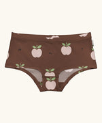 Maxomorra GOTS organic cotton women's brief hipster pants in brown with a repeating pink cartoon style apple print 