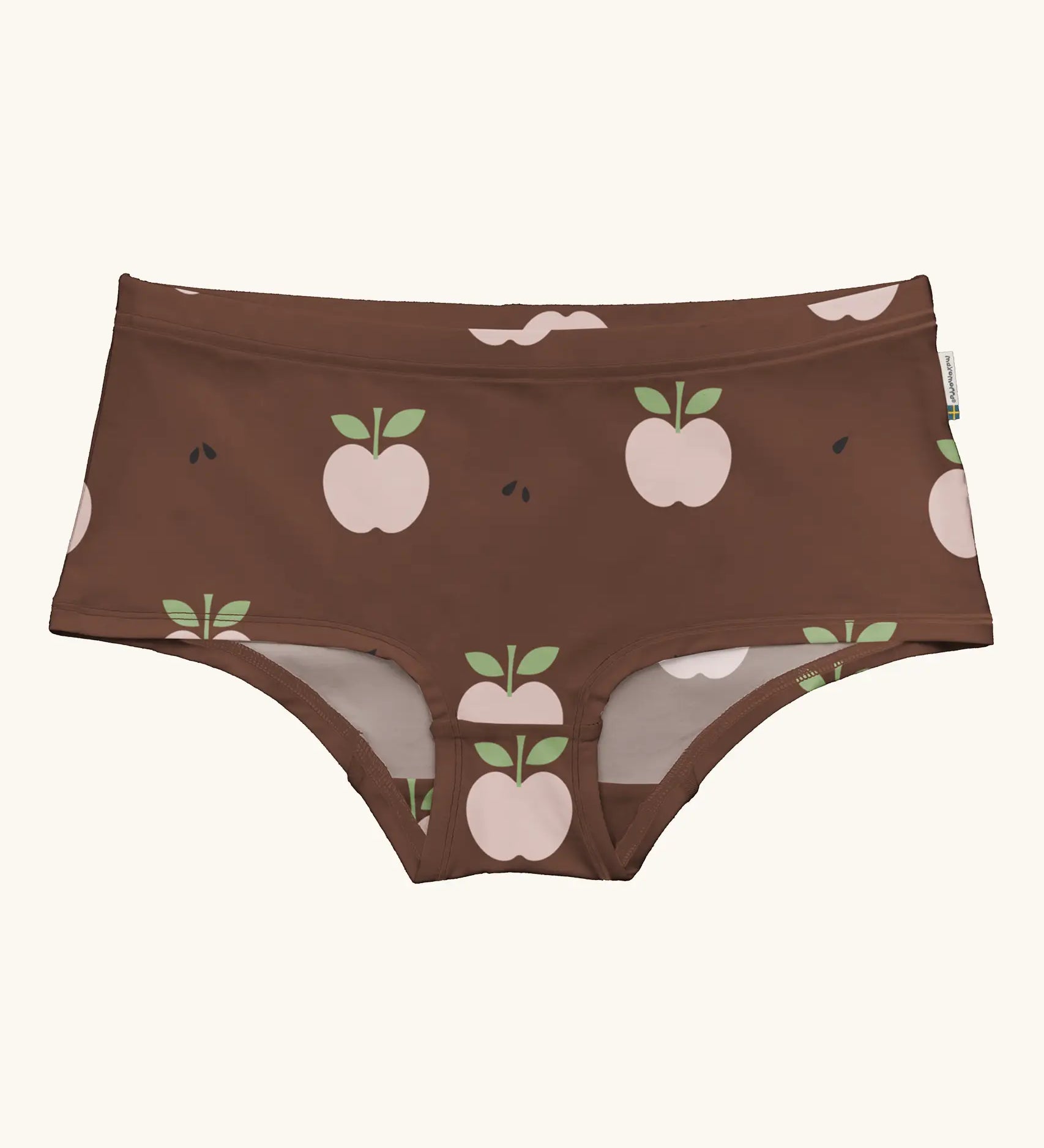 Maxomorra GOTS organic cotton women's brief hipster pants in brown with a repeating pink cartoon style apple print 