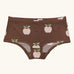 Maxomorra GOTS organic cotton women's brief hipster pants in brown with a repeating pink cartoon style apple print 