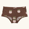 Maxomorra GOTS organic cotton women's brief hipster pants in brown with a repeating pink cartoon style apple print 