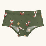 Maxomorra GOTS organic cotton women's brief hipster pants in green with a repeating cartoon fox print 