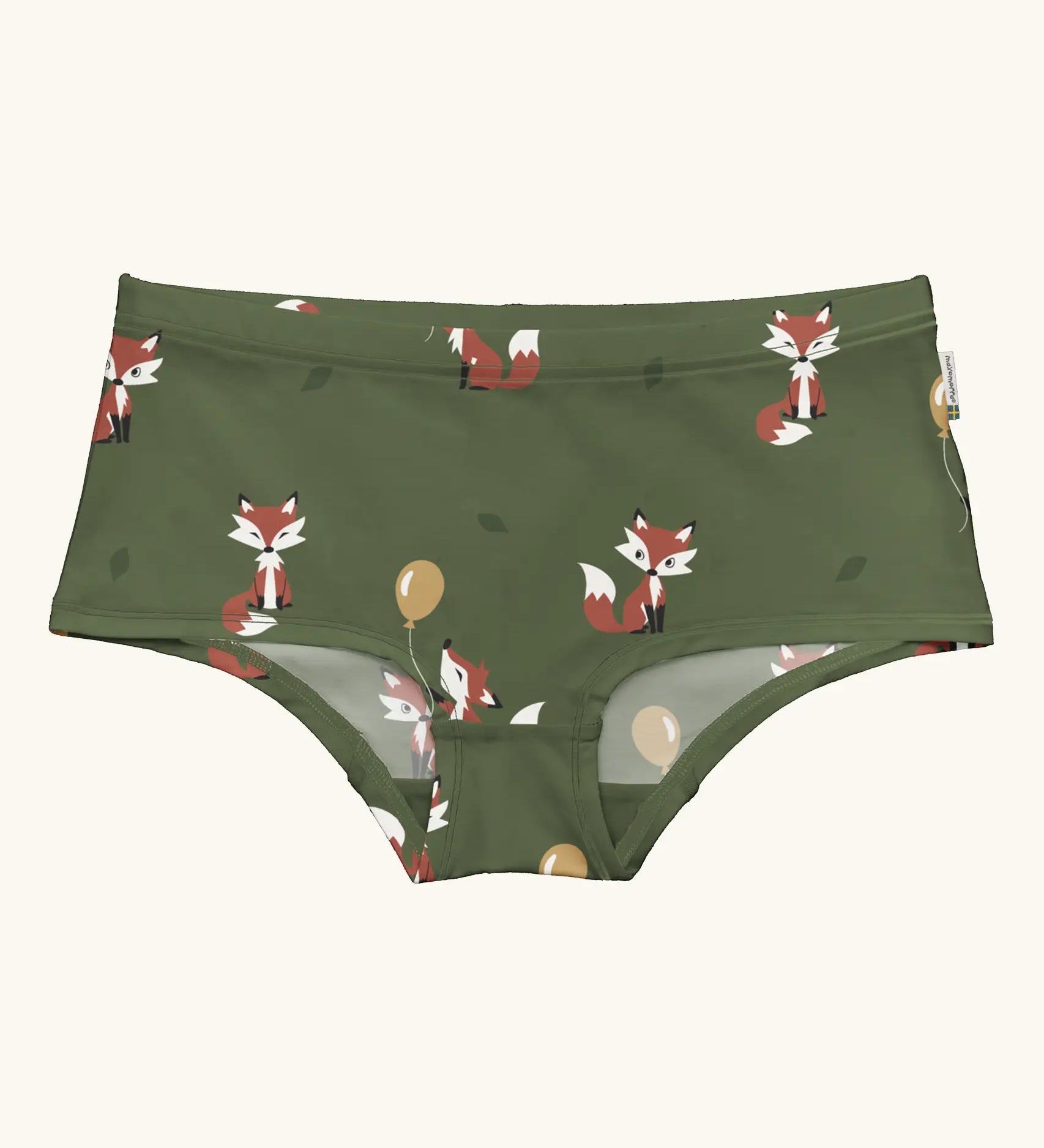 Maxomorra GOTS organic cotton women's brief hipster pants in green with a repeating cartoon fox print 