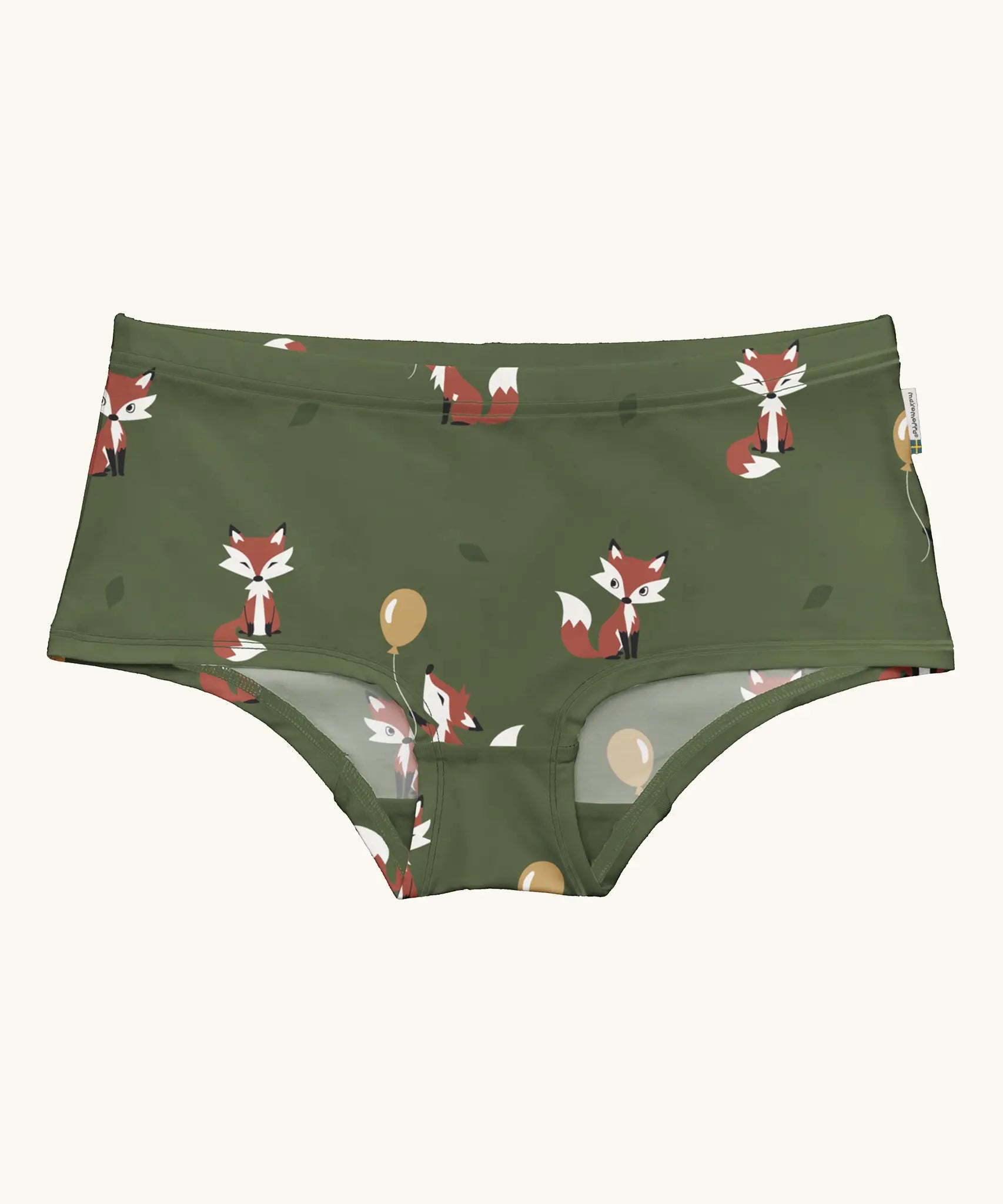 Maxomorra GOTS organic cotton women's brief hipster pants in green with a repeating cartoon fox print 