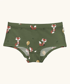 Maxomorra GOTS organic cotton women's brief hipster pants in green with a repeating cartoon fox print 