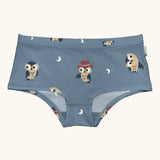 Maxomorra GOTS organic cotton women's brief hipster pants in a light blue with a repeating cartoon owl print 