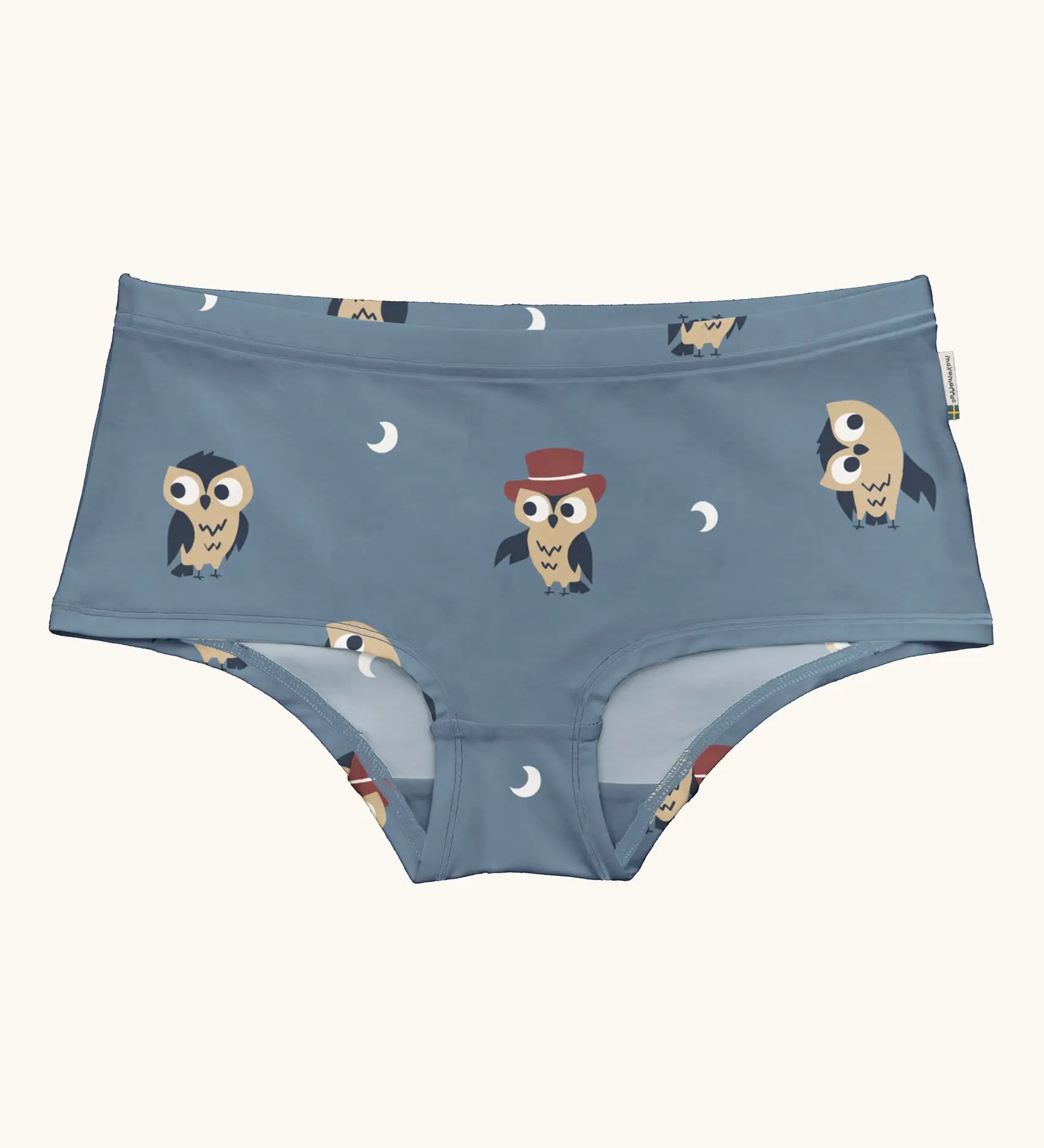 Maxomorra GOTS organic cotton women's brief hipster pants in a light blue with a repeating cartoon owl print 