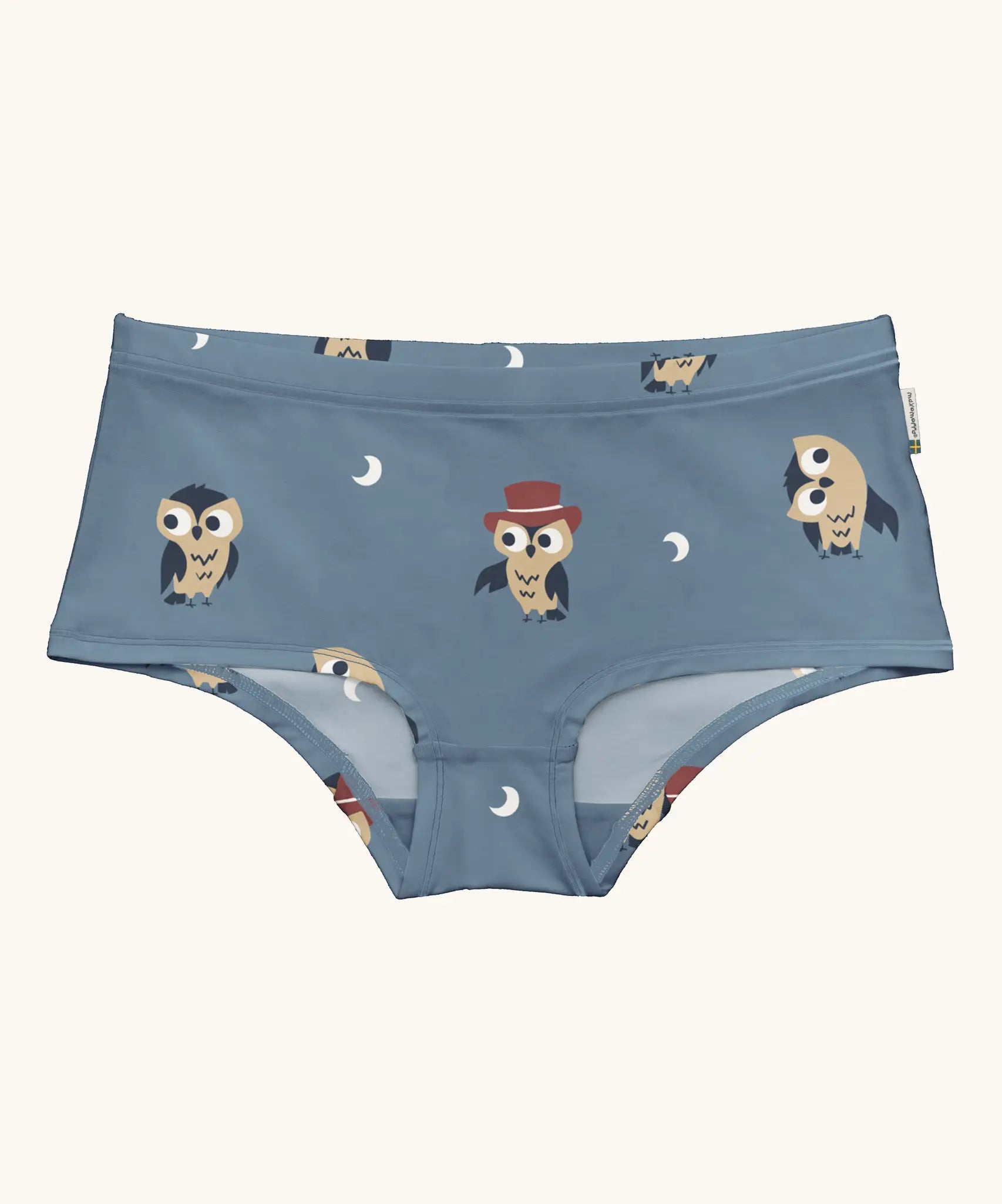 Maxomorra GOTS organic cotton women's brief hipster pants in a light blue with a repeating cartoon owl print 