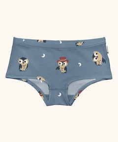 Maxomorra GOTS organic cotton women's brief hipster pants in a light blue with a repeating cartoon owl print 