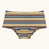 Maxomorra GOTS organic cotton women's brief hipster pants in a white, yellow, blue and brown striped design