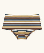 Maxomorra GOTS organic cotton women's brief hipster pants in a white, yellow, blue and brown striped design