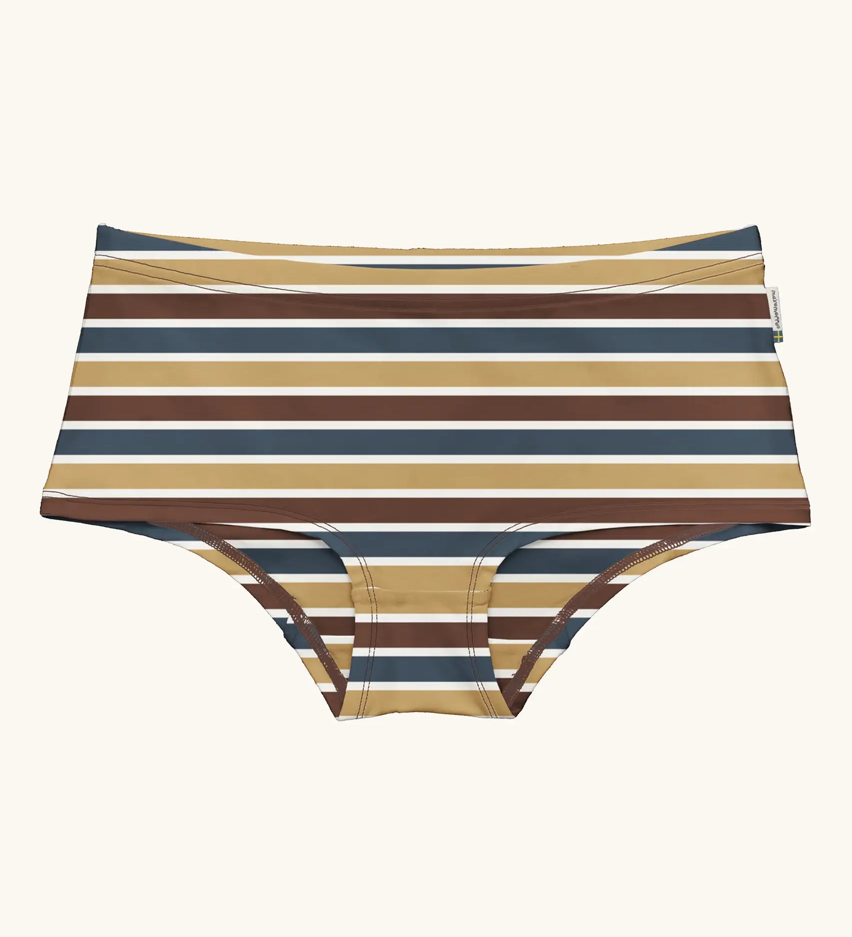 Maxomorra GOTS organic cotton women's brief hipster pants in a white, yellow, blue and brown striped design