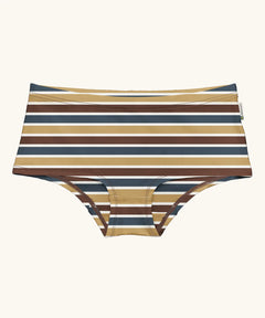 Maxomorra GOTS organic cotton women's brief hipster pants in a white, yellow, blue and brown striped design