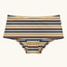 Maxomorra GOTS organic cotton women's brief hipster pants in a white, yellow, blue and brown striped design
