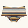 Maxomorra GOTS organic cotton women's brief hipster pants in a white, yellow, blue and brown striped design