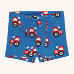 Maxomorra Organic Cotton Tractor Boxer Shorts in blue fabric and red tractor print
