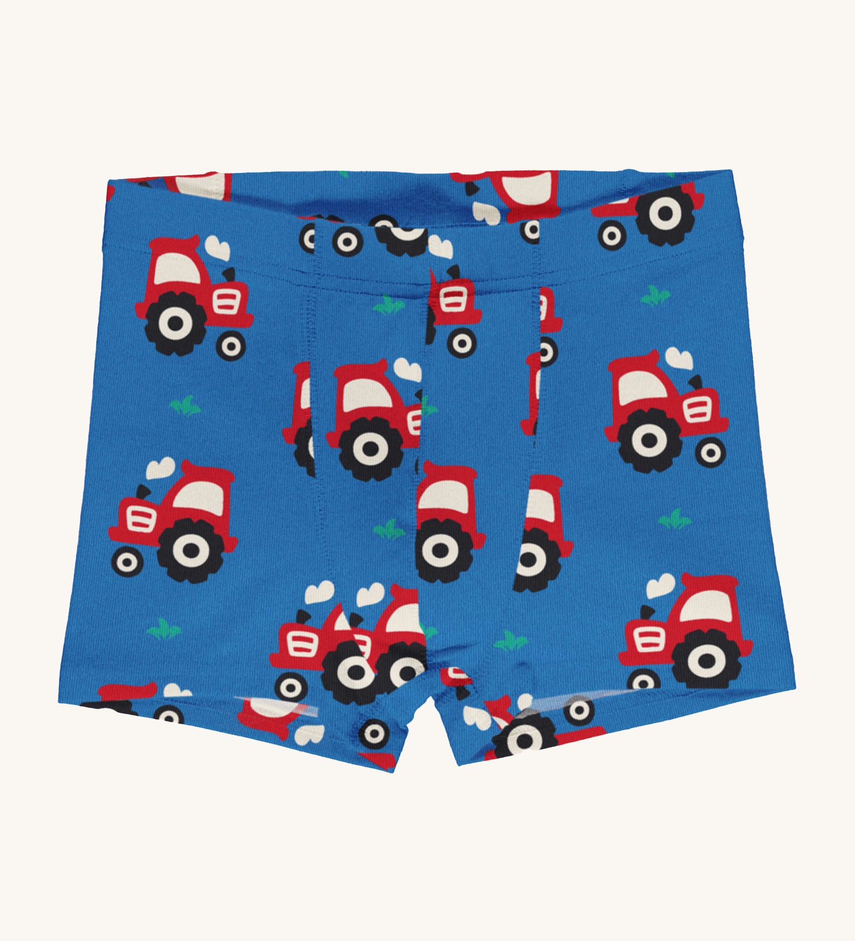 Maxomorra Organic Cotton Tractor Boxer Shorts in blue fabric and red tractor print