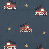 Maxomorra fire engine print in blue made from GOTS organic cotton.