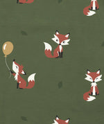 Maxomorra fox and balloon print in green, made from GOTS organic cotton.