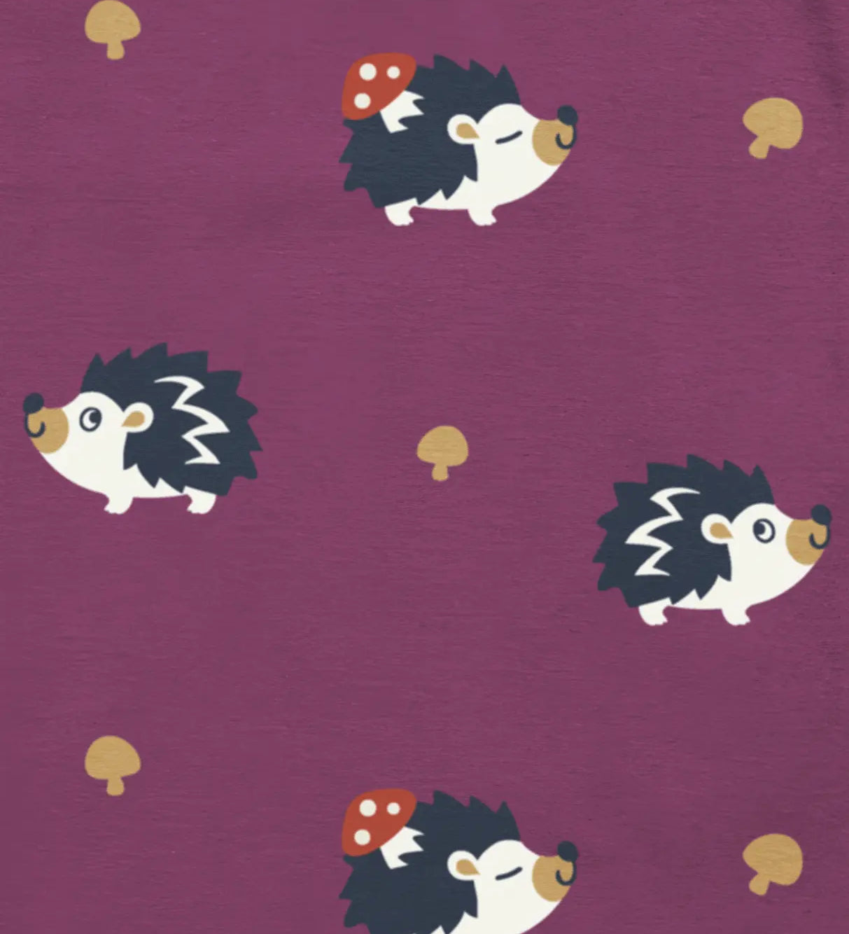 Maxomorra hedgehog and toadstool print in purple, made from GOTS organic cotton.