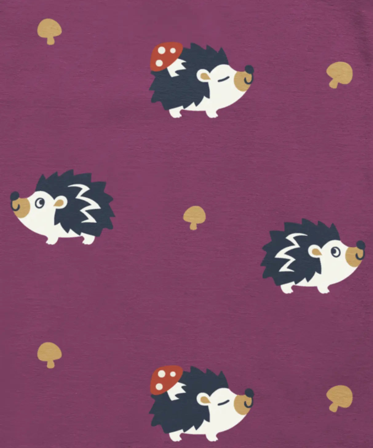 Maxomorra hedgehog and toadstool print in purple, made from GOTS organic cotton.