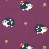 Maxomorra hedgehog and toadstool print in purple, made from GOTS organic cotton.