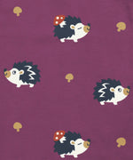 Maxomorra hedgehog and toadstool print in purple, made from GOTS organic cotton.