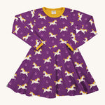Maxomorra Organic Cotton Horse Long Sleeve Circle Dress in purple fabric with cream horse print and yellow piping