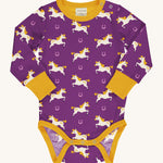 Maxomorra Organic Cotton Horse Long Sleeve Bodysuitin purple fabric with cream horse print, yellow piping, yellow wrist cuffs and a yellow inner