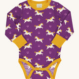 Maxomorra Organic Cotton Horse Long Sleeve Bodysuitin purple fabric with cream horse print, yellow piping, yellow wrist cuffs and a yellow inner