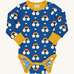 Maxomorra Organic Cotton Rainbow Long Sleeve Bodysuit in blue fabric with a colourful rainbow print, yellow piping, yellow wrist cuffs and a yellow inner