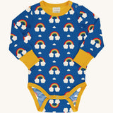 Maxomorra Organic Cotton Rainbow Long Sleeve Bodysuit in blue fabric with a colourful rainbow print, yellow piping, yellow wrist cuffs and a yellow inner