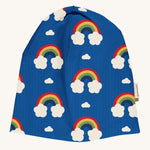 Maxomorra Organic Cotton Rainbow Sweat Hat in blue fabric and colourful rainbow print