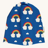Maxomorra Organic Cotton Rainbow Sweat Hat in blue fabric and colourful rainbow print