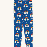 Maxomorra Organic Cotton Rainbow Leggings in blue fabric with colourful rainbow print