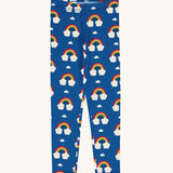Maxomorra Organic Cotton Rainbow Leggings in blue fabric with colourful rainbow print
