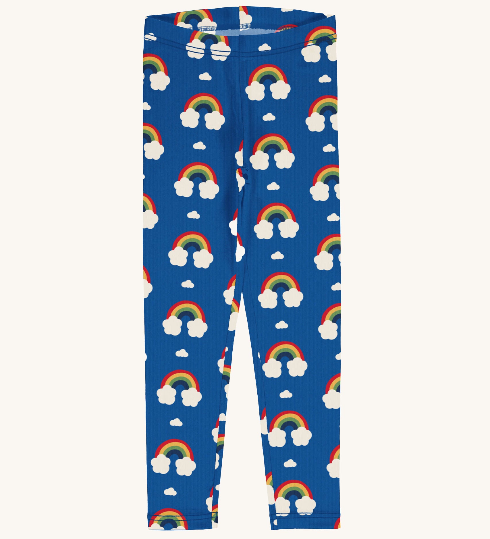 Maxomorra Organic Cotton Rainbow Leggings in blue fabric with colourful rainbow print