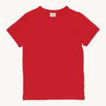 Maxomorra Red Short Sleeve Top is made from GOTS organic cotton and is in a solid red colour, on a cream background