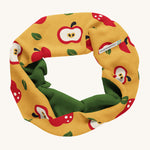 Maxomorra Organic Cotton Apple Sweat Tube Scarf, in mustard fabric with red apples and a green inner