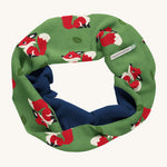 Maxomorra Organic Cotton Fox Sweat Tube Scarf, in green fabric with fox print and a navy inner