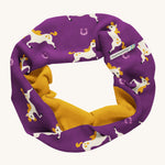 Maxomorra Organic Cotton Horse Sweat Tube Scarf, in purple fabric with white horses and a mustard yellow inner