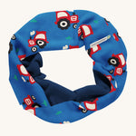 Maxomorra Organic Cotton Tractor Sweat Tube Scarf, in blue fabric with red tractor print and a navy inner