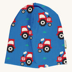 Maxomorra Organic Cotton Tractor Sweat Hat in blue fabric, with a red tractor print