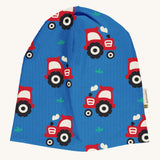 Maxomorra Organic Cotton Tractor Sweat Hat in blue fabric, with a red tractor print