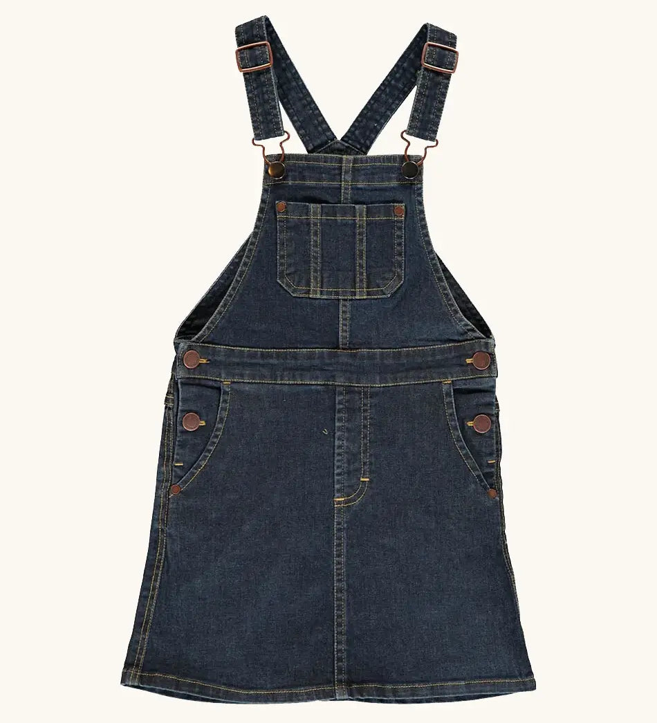 Maxomorra GOTS-certified organic cotton denim pinafore kids dress with front bib pocket, two side pockets and adjustable shoulder straps