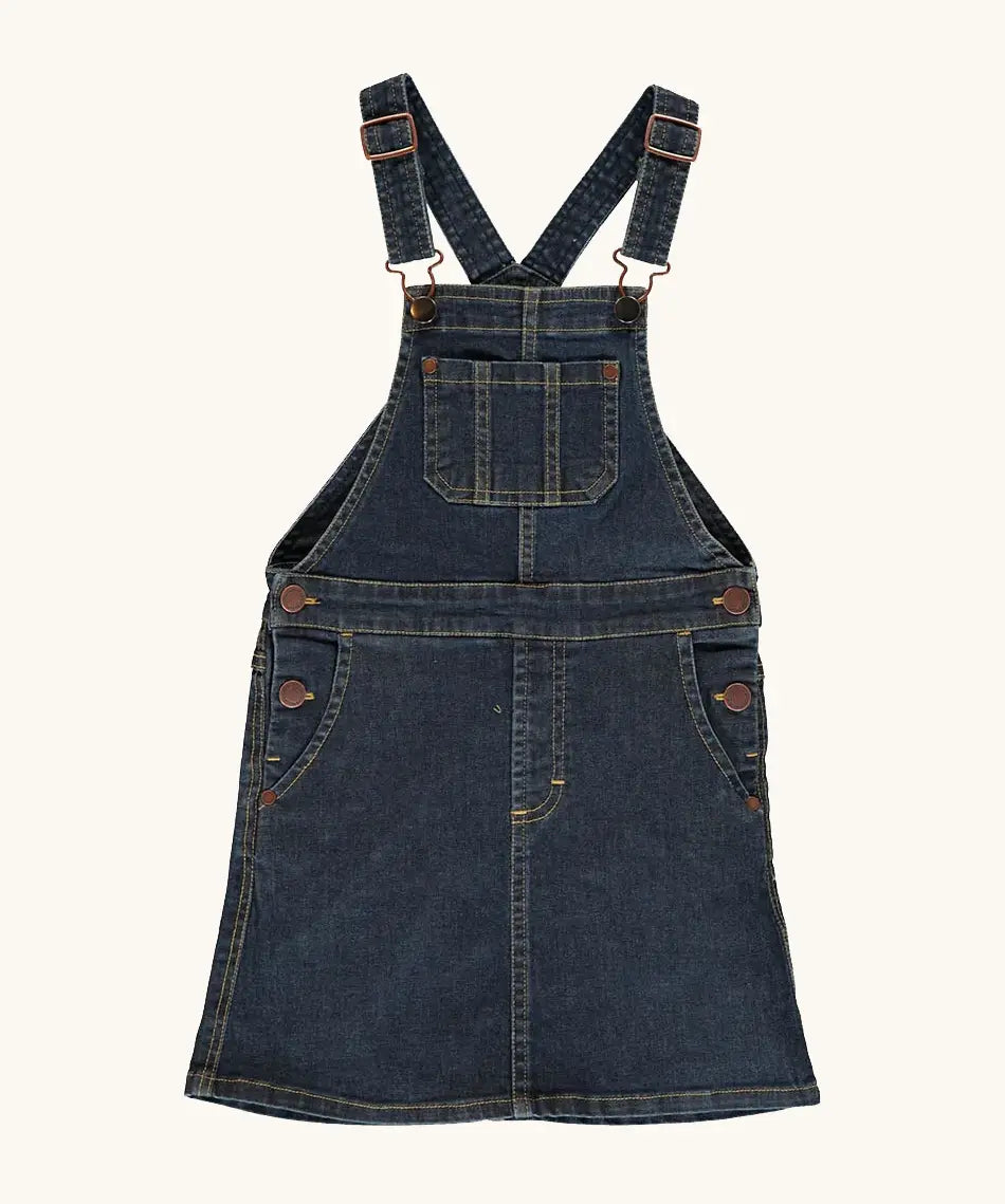 Maxomorra GOTS-certified organic cotton denim pinafore kids dress with front bib pocket, two side pockets and adjustable shoulder straps