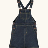 Maxomorra GOTS-certified organic cotton denim pinafore kids dress with front bib pocket, two side pockets and adjustable shoulder straps